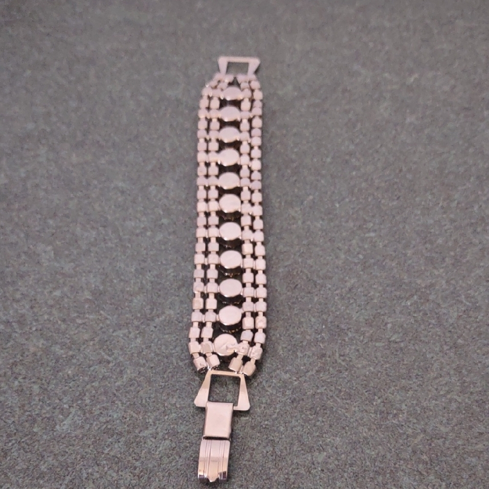 Vintage Silver Tone Clear Rhinestone Wide Bracelet - Picture 5 of 7